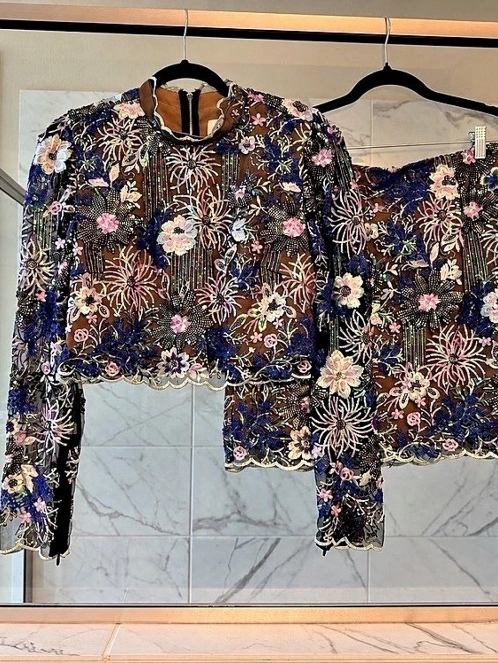 ELLIATT Reese Set Embellished Floral Skirt Set Brown & Blue Large